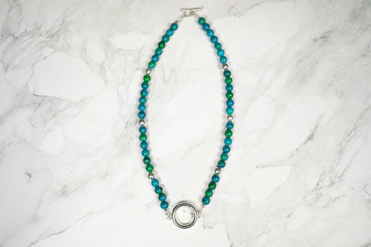 Juego De Collar y Aretes Verde con Dije Aro Plata