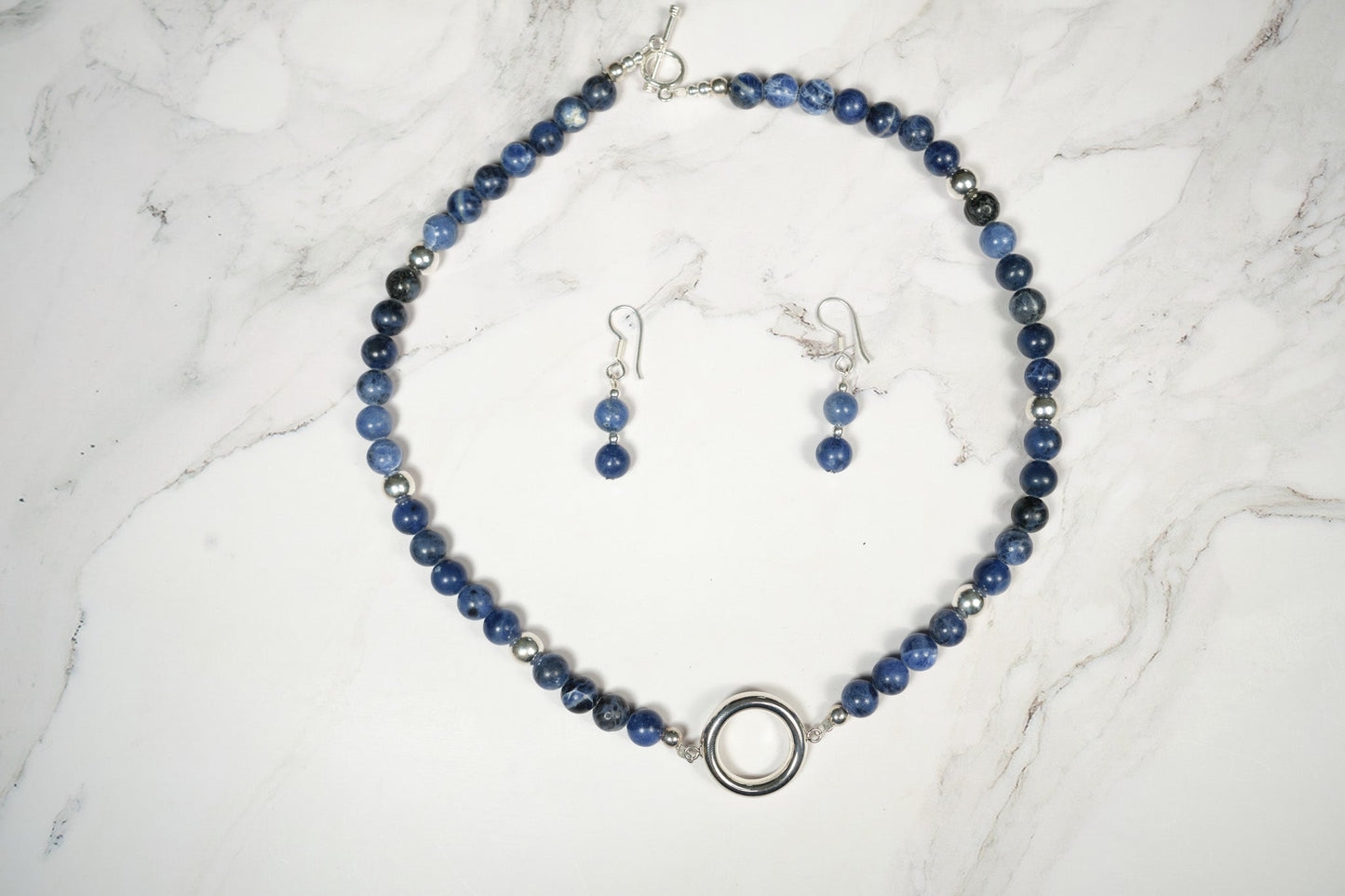 Juego De Collar y Aretes Azul con Dije Aro Plata