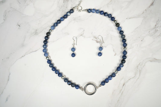 Juego De Collar y Aretes Azul con Dije Aro Plata